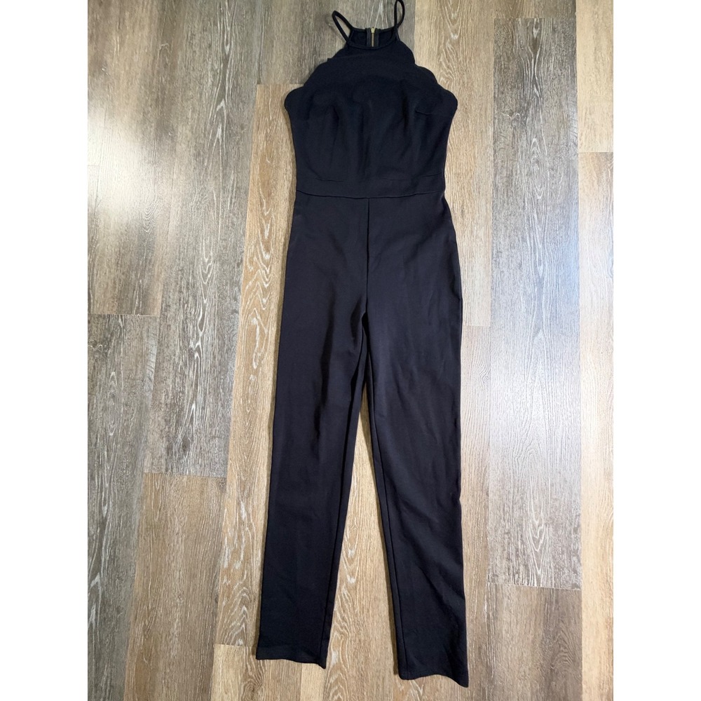 Charlotte Russe Jumpsuit Womens Size M Black Scalloped Halter Neck Sleeveless